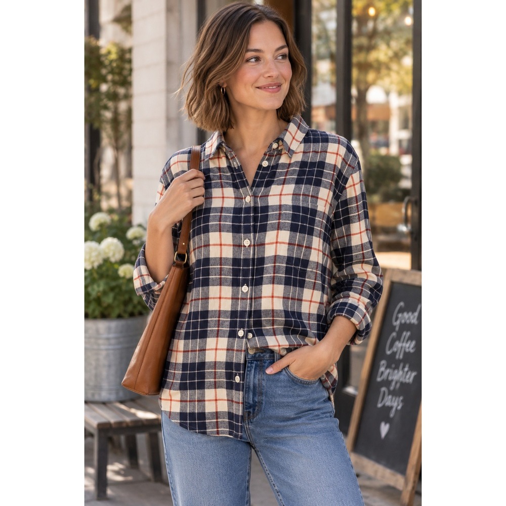 J.Crew Plaid Flannel Shirt Women L Navy Cream Cotton Preppy Cabin Granola Soft